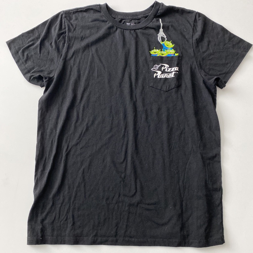 Disney Toy Story T-Shirt Men Large Black Good Pizza Planet Alien Pocket Tee